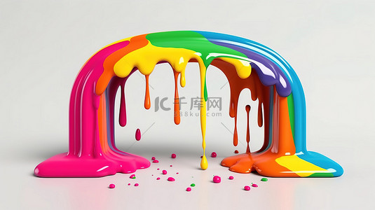 带油漆滴落的彩色彩虹拱门的 3D 矢量图