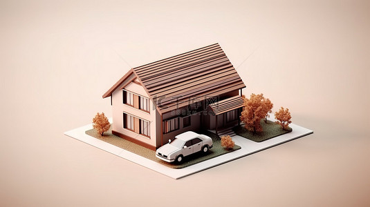 单色单个独立住宅的棕色等距微型模型的 3D 渲染