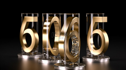 金银玻璃水晶周年纪念日六号的 3D 渲染插图