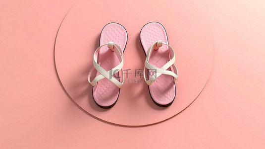 夏季人字拖在柔和的粉红色背景上排列成圆圈的 3D 插图