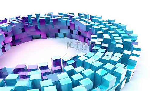 白色背景上圆形形状中闪烁的蓝色和紫色块的抽象 3D 渲染