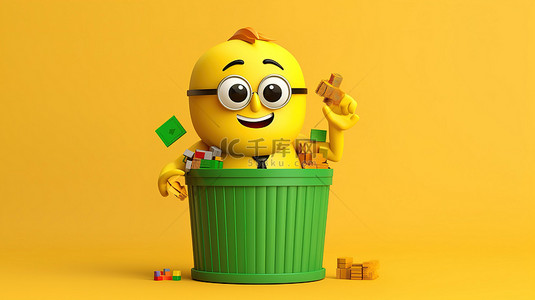 图垃圾桶背景图片_绿色垃圾箱吉祥物，带有回收标志和黄色背景 3D 渲染上的商业饼图信息图表