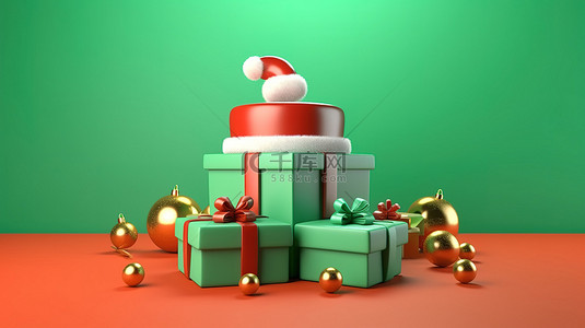 圣诞帽子绿色背景图片_节日圣诞节和新年的欢呼与圣诞老人帽子和礼品盒在绿色背景 3D 渲染