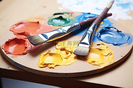 油画刷子背景图片_木制调色板中几种不同颜色的油漆