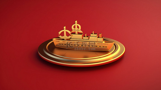 红色徽背景图片_红色闪闪发光的盘子上的金色船徽 3D 渲染的社交媒体图标
