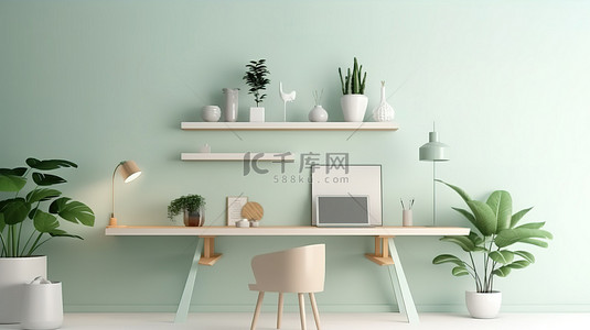 柔和的绿色家庭办公室与植物 d cor 健康的生活方式 3d 渲染