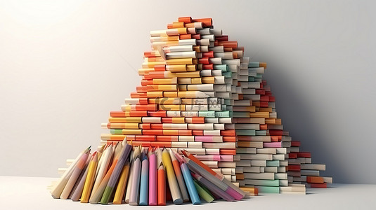 学习的象征 3D 渲染一支铅笔放在白墙上的一堆书上