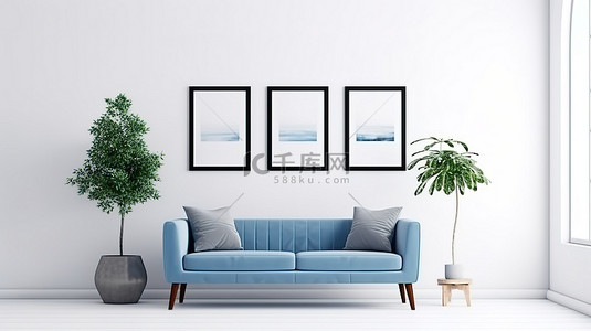 现代家居室内白墙上的现代风格 3D 渲染蓝色家具和模型框架