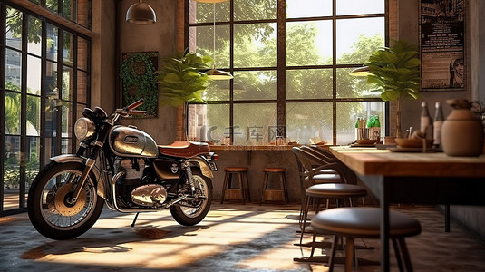 茶几房间背景图片_复古咖啡馆或小酒馆和 3d 经典摩托车