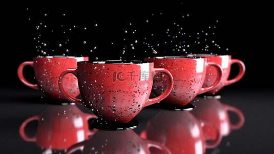 特写 3D 渲染充满活力的红色金属牛奶杯与片状材料和黑色背景