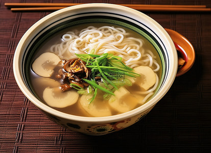 一碗韩国面条汤，里面有面条和蘑菇