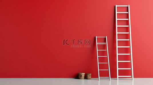 发展目标背景图片_红墙背景展示了代表领导力和成功的一系列引人注目的梯子，并为 3D 渲染的文本提供了充足的空间