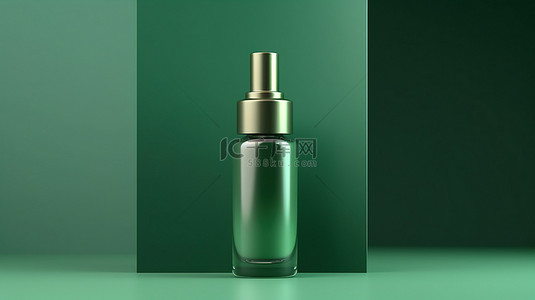 包时尚简约背景背景图片_时尚的滴管瓶模型，用于当代绿色抽象背景 3D 渲染的简约护肤品
