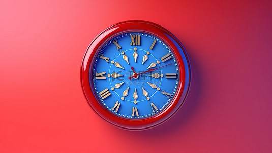 时间红色背景图片_红色背景下 3D 渲染中圆形蓝色时钟符号图标的前视图
