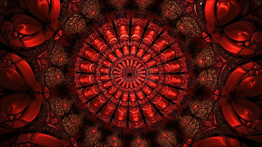 红色背景光圈背景图片_3D 插图中由鲜艳的红色晶体形成的万花筒装饰品