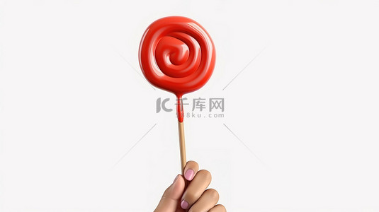 3D 渲染的红色别针插图，卡通手拿着白色背景上孤立的棒棒糖