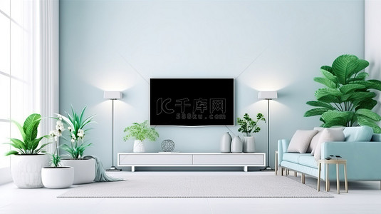 3d白背景图片_当代白薄荷客厅设计理念与智能电视样机 3D 渲染