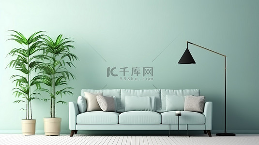 清新背景地板背景图片_现代室内 3D 渲染中的薄荷清新客厅沙发植物和灯