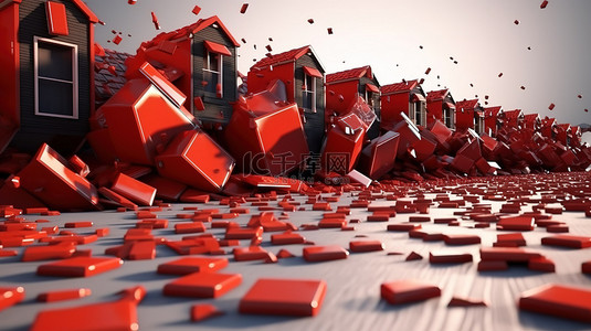 危机背景图片_一系列深红色房屋像多米诺骨牌一样倒塌，代表住房危机 3D 可视化