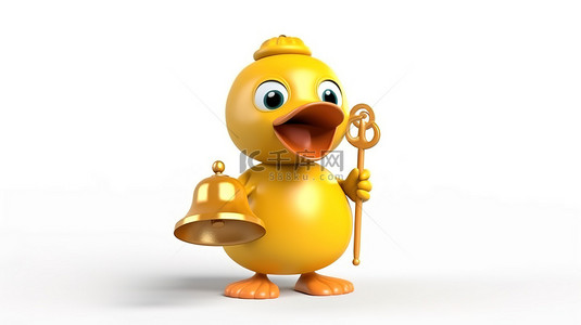 真人老师背景图片_复古金色校钟旁边是一个可爱的黄色卡通鸭吉祥物，白色背景上有 3D 渲染