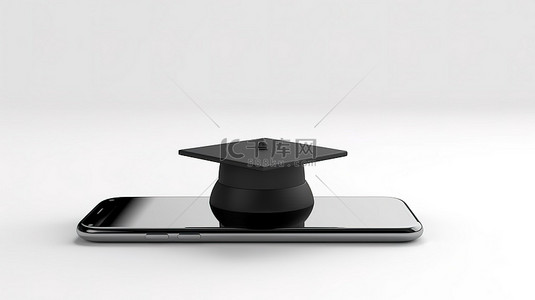 白色背景 3D 渲染空白显示手机，配有毕业帽和充足的设计空间