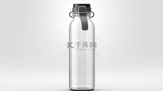 白色背景上带有灰色硅胶手柄的玻璃水瓶的真实 3D 插图