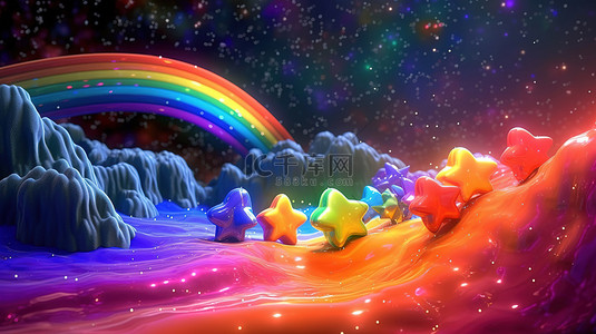 3D 渲染的卡通场景迷人的彩虹瀑布和发光的星星