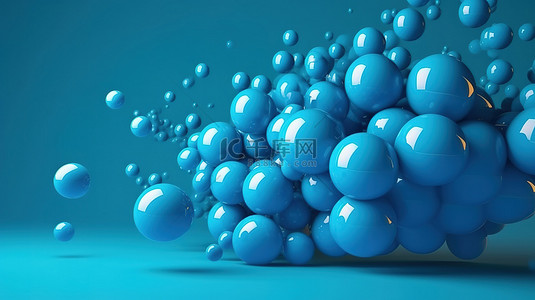蓝色背景下翱翔的抽象蓝色球体的 3D 渲染