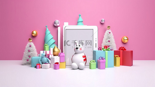 智能手机的节日 3D 渲染，屏幕上有彩色礼品盒和圣诞人物