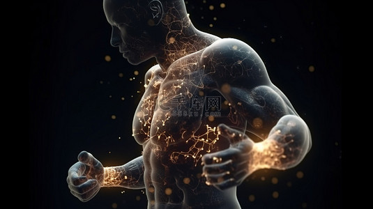 运动中的拳击解剖学 3D 动画，使用粒子增强