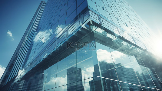 反光现代摩天大楼在镜像城市天际线中展示银行标志