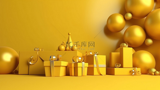 圣诞快乐卡背景图片_3D 渲染黄色背景，带礼品盒，祝您圣诞快乐，新年快乐