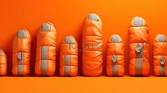 橙色背景与 3D 渲染单色睡袋