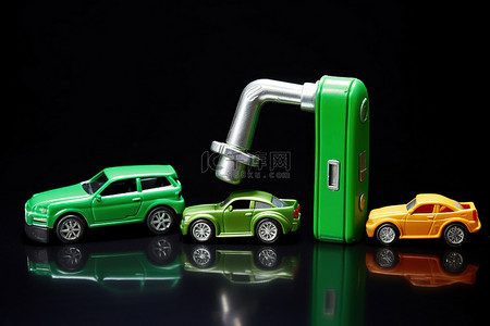 在汽车上背景图片_绿色汽油泵系在一系列玩具车上