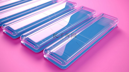 粉色背景增强了 3D 渲染双色调风格的蓝色太阳能热水器面板