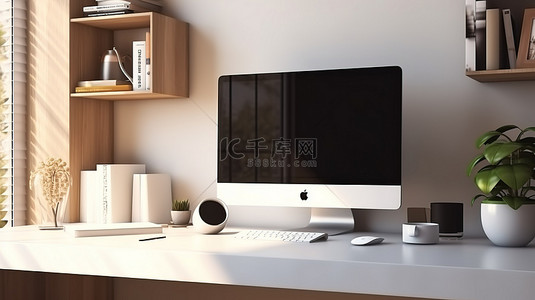特写桌面背景图片_现代台式电脑在办公室内部的 3D 渲染，带有空白屏幕特写