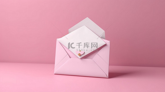 带有开放信封和空白卡的粉红色背景的 3D 渲染