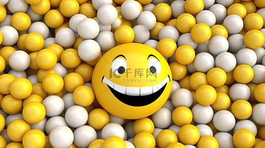 3D 渲染的白色大笑脸的插图，上面点缀着微小的黄色表情符号