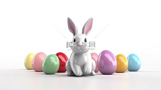 可爱节日装饰背景图片_复活节快乐 3D 兔子和鸡蛋，白色背景上的现实风格，配有节日装饰矢量图