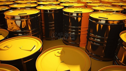 能源工业背景图片_堆叠的工业油桶为黄色背景下的行业 3d 渲染提供燃料