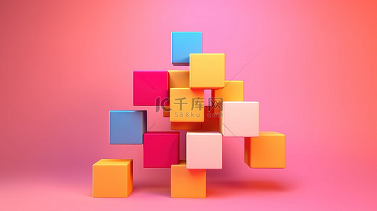 粉红色背景下漂浮的充满活力的 3D 几何块