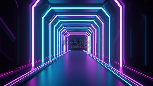 霓虹空间隧道具有未来主义建筑和照明灯的 3d 抽象背景