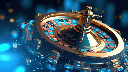 蓝色背景下未来派轮盘赌轮和在线赌场筹码的 3D 渲染