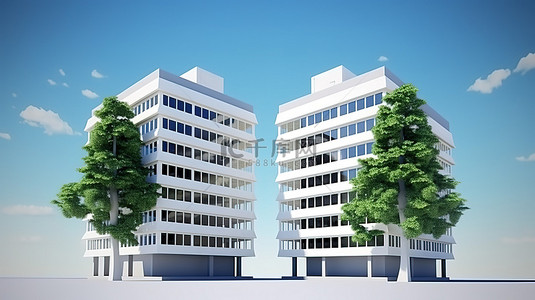 现代办公楼，周围树木茂盛，3D 插图