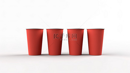 红茶杯背景图片_白色背景上用于一次性饮料 3D 渲染的一组红纸杯