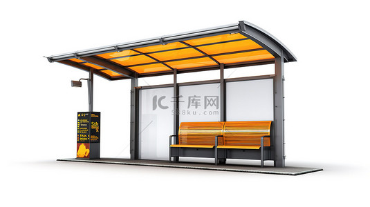 运输海报背景图片_3D 渲染白色背景公交车站与无人占用​​的广告牌