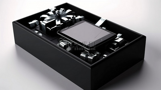 3D 智能手机坐落在时尚的黑色礼品盒中