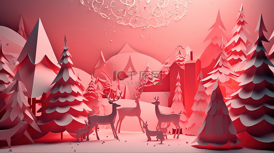 分层圣诞节背景图片_带有红色“圣诞快乐”消息的分层 3D 渲染中的节日圣诞剪纸