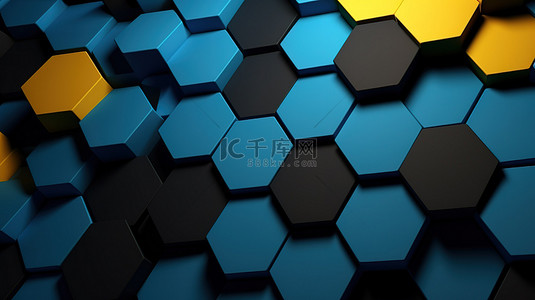 3D 渲染蓝色黄色和黑色的六边形背景，供网页和横幅使用