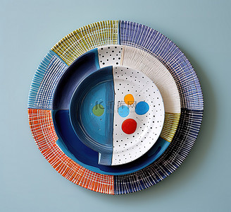 蓝色形状的盘子位于盘子后面的灰色墙壁上
